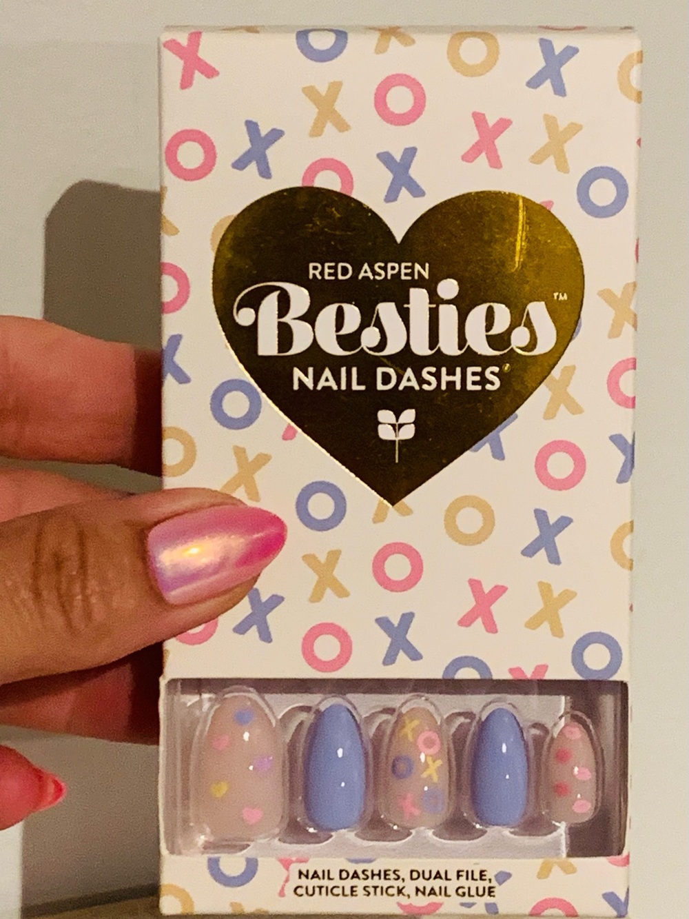 Besties Nail Dashes Press-On Nails — Red Aspen Patterned Blue & Pink Set